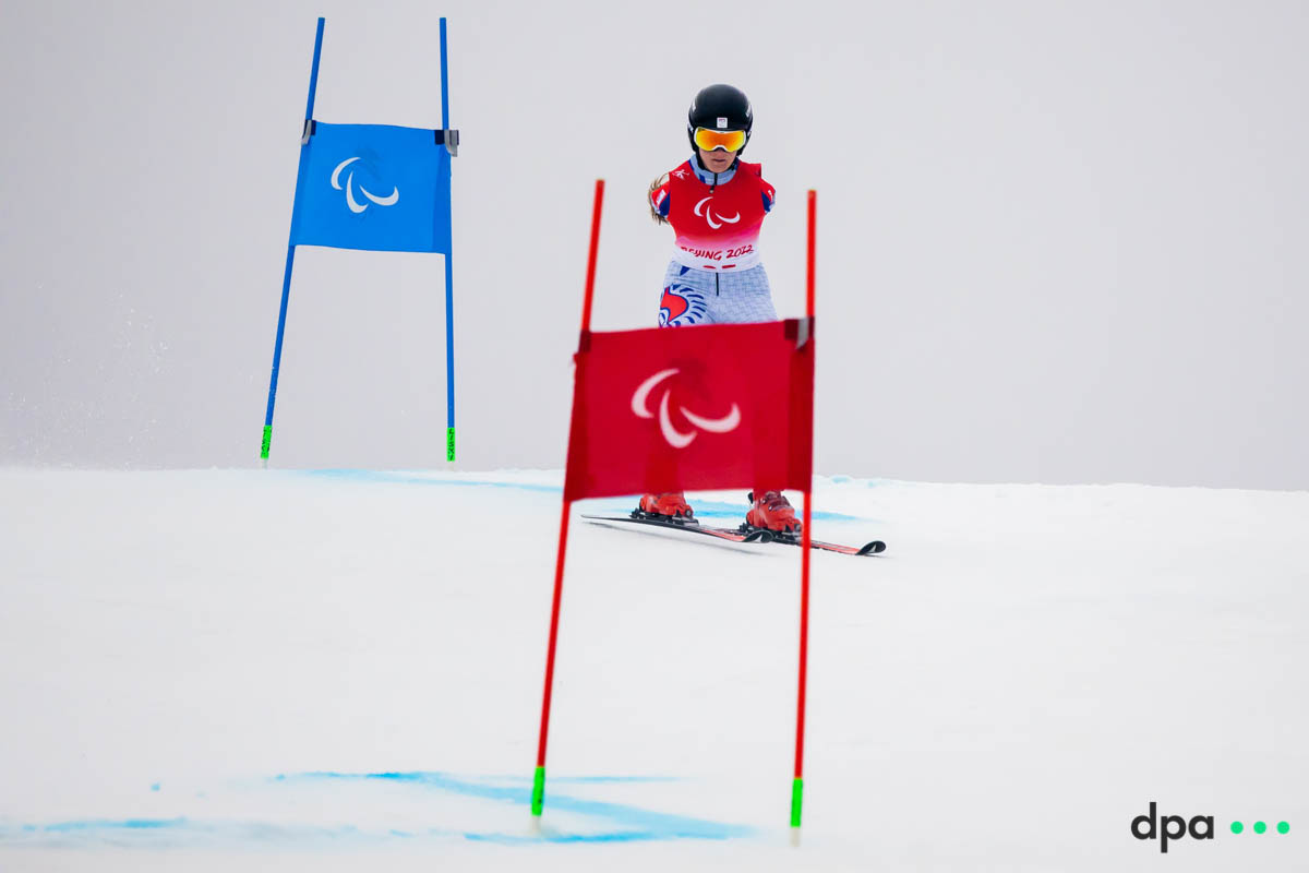Vanesa Gaskova of Slovakia competes in the women’s giant slalom, standing.