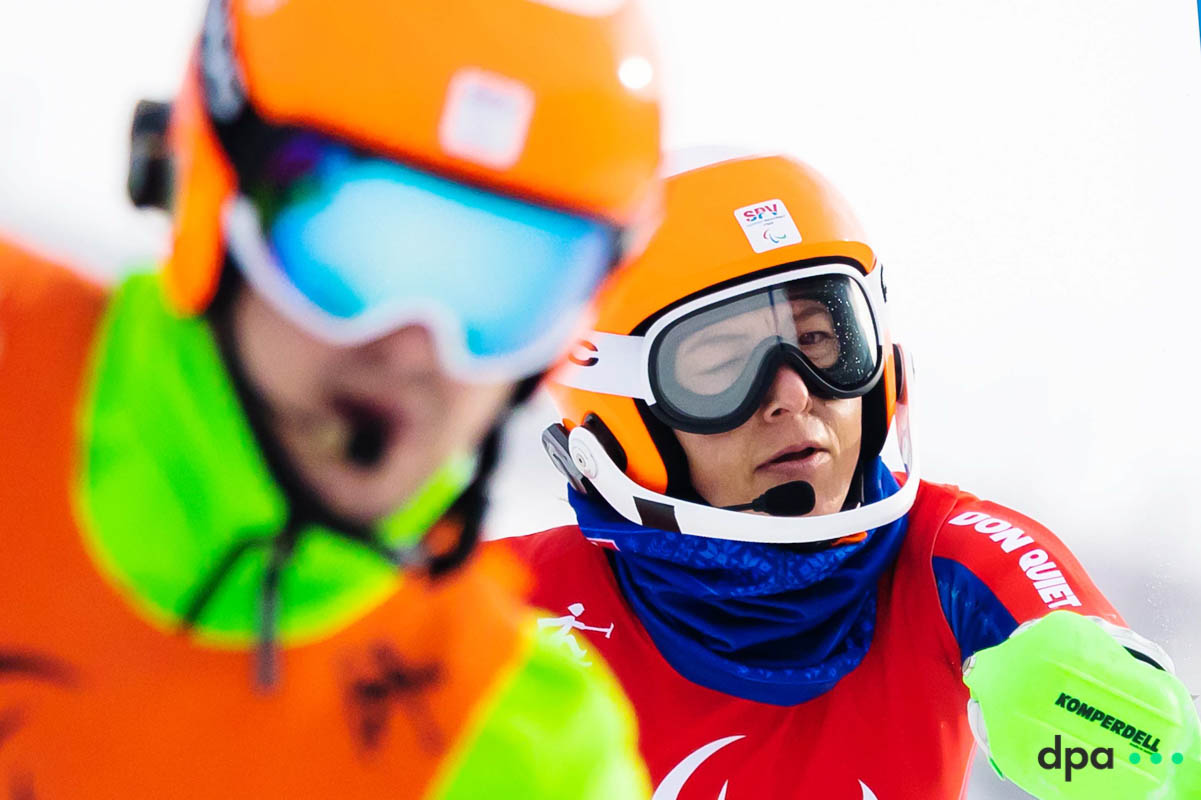 Henrieta Farkasova (r) of Slovakia und Guide Martin Motyka compete in the women’s slalom, vision impaired.