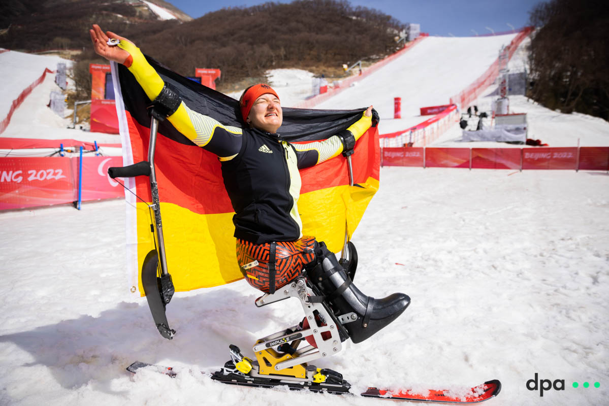 Anna-Lena Forster of Germany reacting to winning first place in the women’s slalom, sitting.