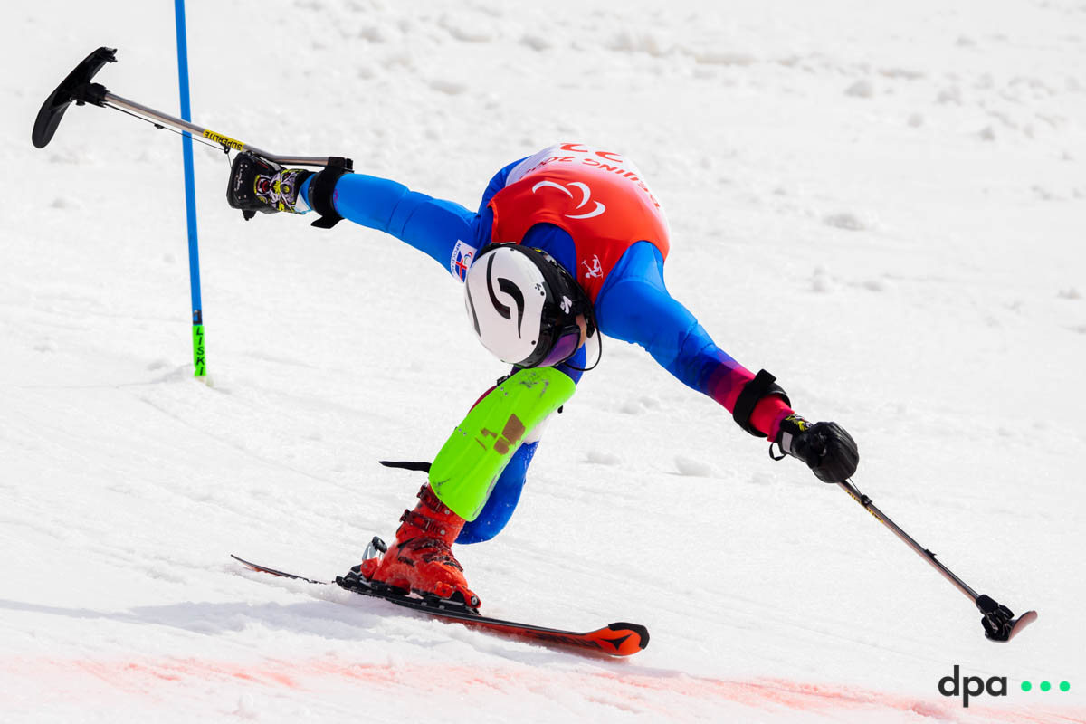 Hilmar Orvarsson of Iceland competes in the men’s slalom, standing.