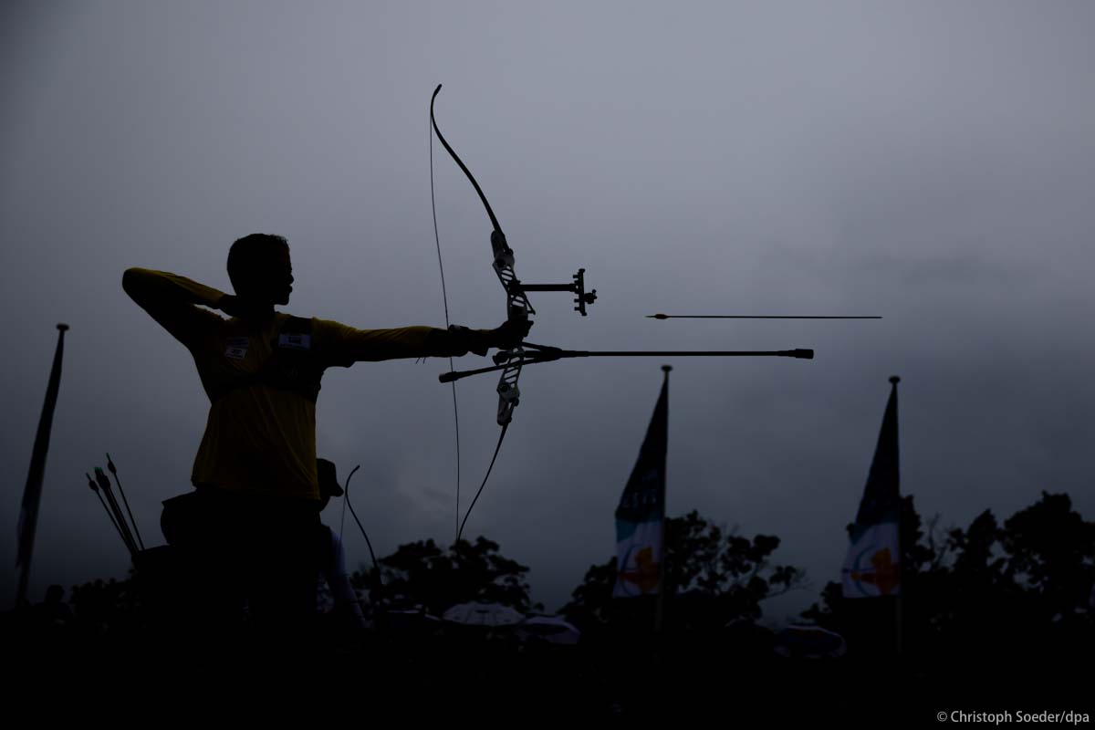 Archery: World Championships: Marcus D'almeida of Brazil in action.