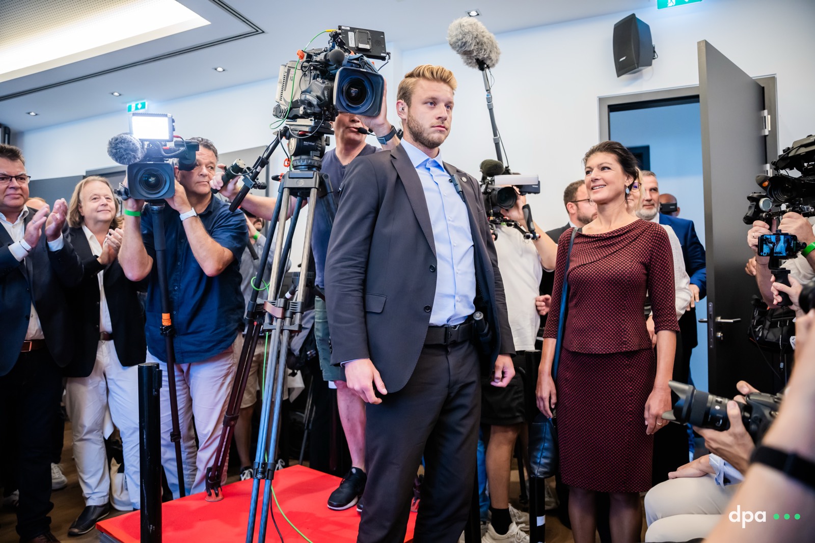 Members of the Sahra Wagenknecht Alliance (BSW) react to first projections of Thuringia State Elections at the party reception in Erfurt, Germany on 1st September 2024.