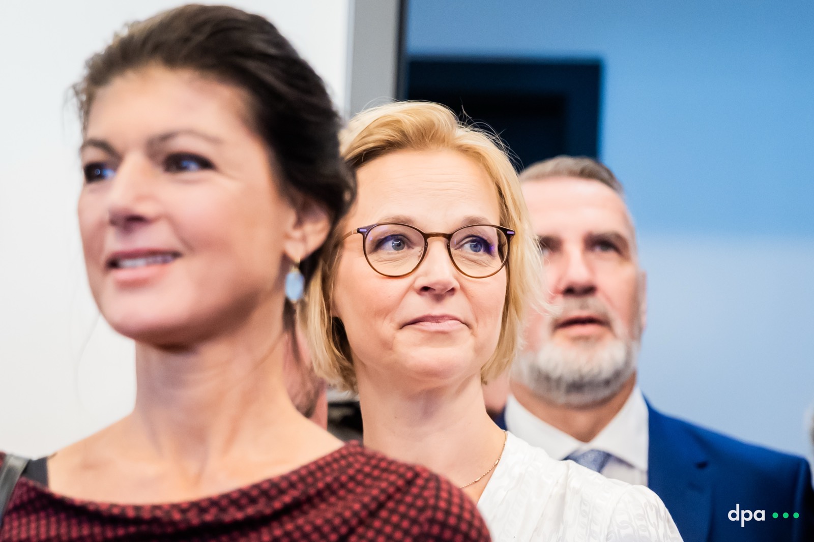 Members of the Sahra Wagenknecht Alliance (BSW) react to first projections of Thuringia State Elections at the party reception in Erfurt, Germany on 1st September 2024.