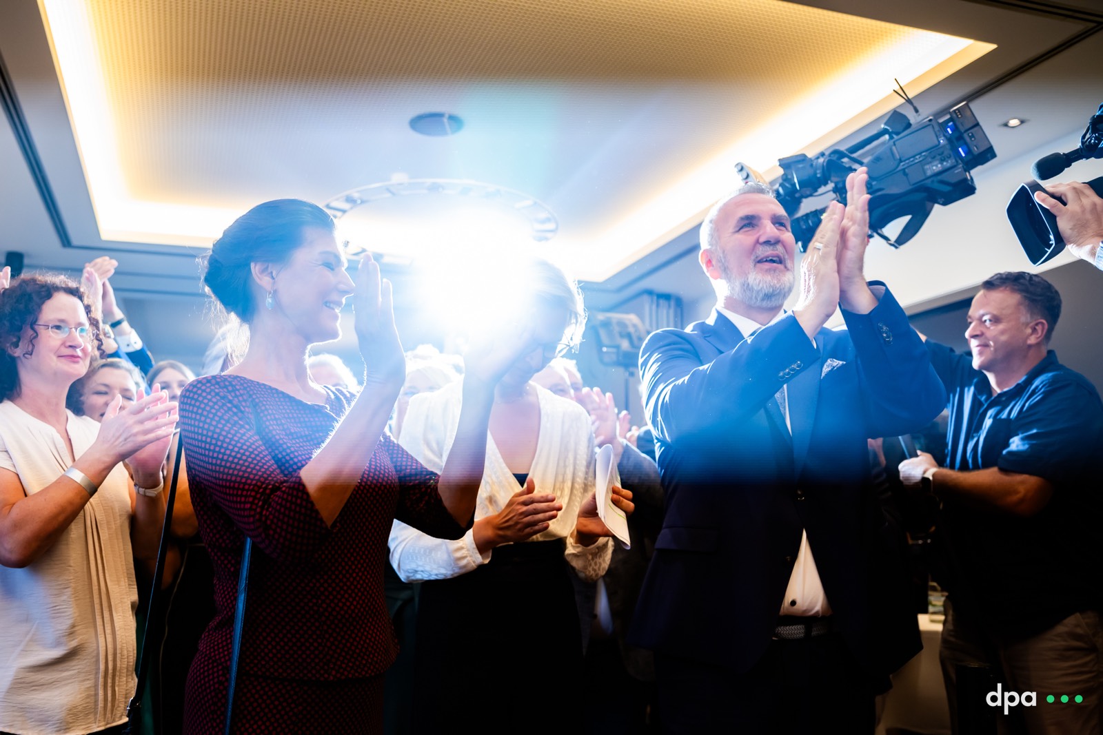 Members of the Sahra Wagenknecht Alliance (BSW) react to first projections of Thuringia State Elections at the party reception in Erfurt, Germany on 1st September 2024.