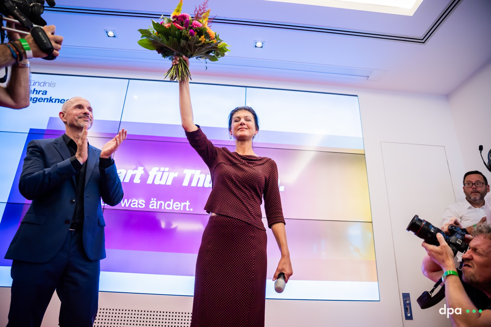 Members of the Sahra Wagenknecht Alliance (BSW) react to first projections of Thuringia State Elections at the party reception in Erfurt, Germany on 1st September 2024.